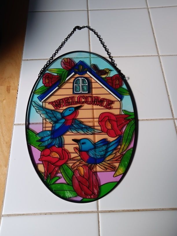Hummingbird / Blue Bird Stained Glass Welcome Suncatcher 8.5x12