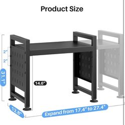 Expandable Microwave Stand Countertop, 2-Tier Adjustable Microwave Oven Rack with 8 Hooks & 2 Holders, Heavy Duty Carbon Steel Microwave Shelf for Kit
