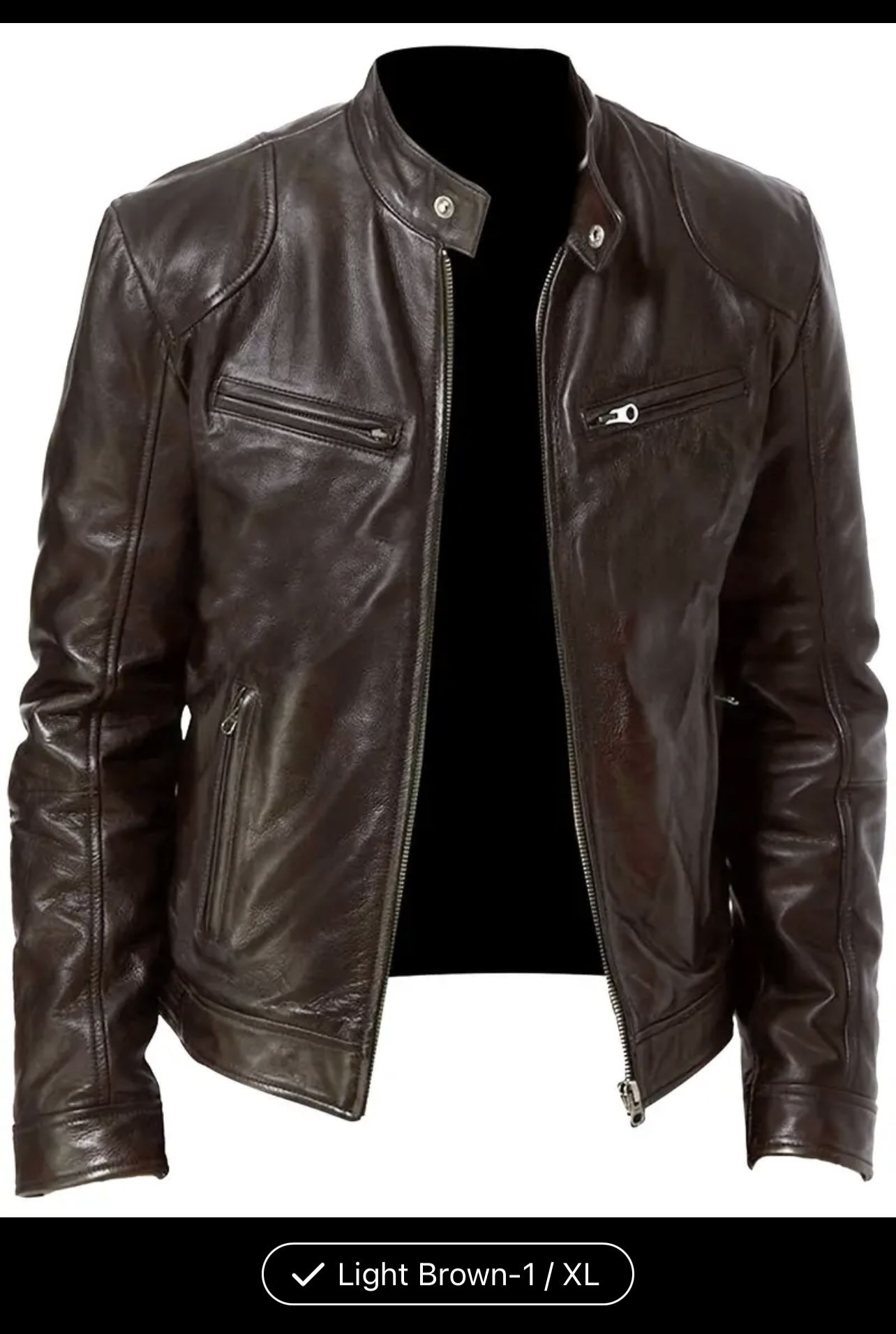 Men's EX-STRECH Faux Leather Motorcycle Jacket - Brown PU Leather, Zipper Closur