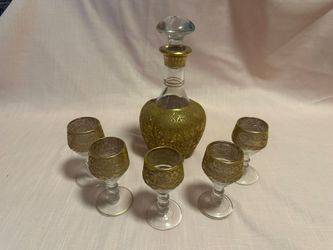 ESTATE SALE Vintage Venetian Style Gold Gilt Liqueur Decanter Set – 5 Glasses