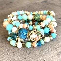 Bohemian Style Beaded Bracelet/ 14K Gold Plated Heart Charm