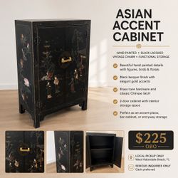 Asian Black Lacquer Hand-Painted Accent Cabinet