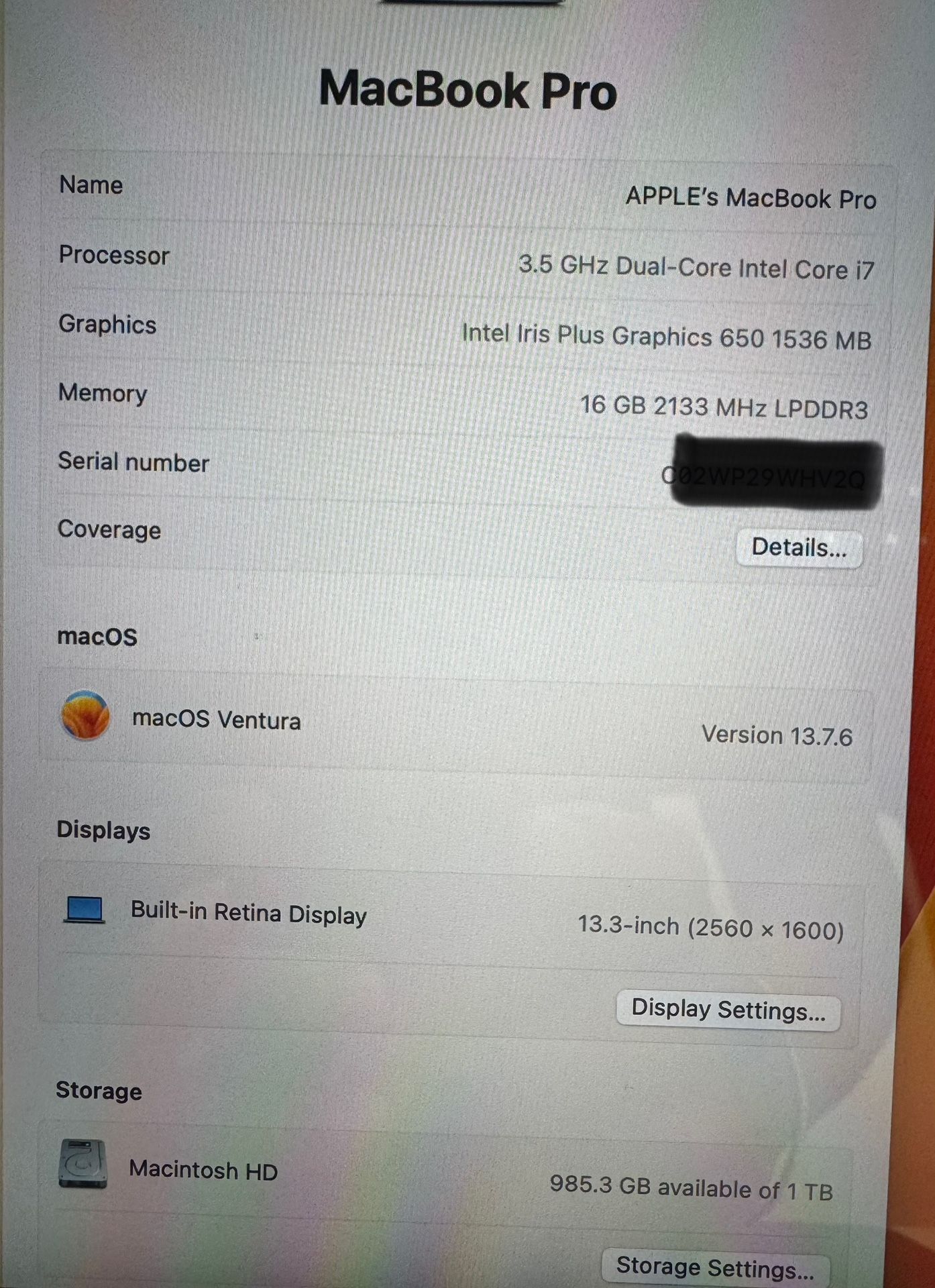 MacBook Pro Retina 13” (2017) - Core i7 -16GB RAM -SSD 1TB