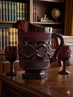 Ruby Red Glass Pitcher & Goblets, 1876 Avon