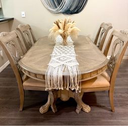Large Farmhouse style Oak Dining Table and 4 Chairs. Table measures 78"L with 18" leaf x42"W30"H