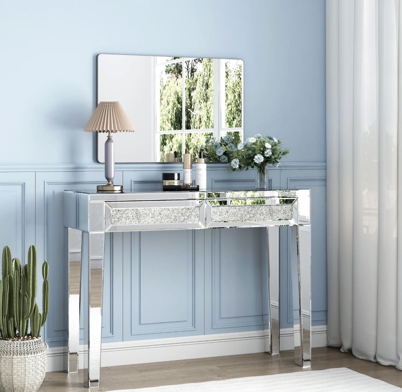 Mirrored Vanity Table Diamond Inlay 2 Drawer Silver Drawer 2 Drawers Bedroom Luxury, Modern Mirrored Finish Mirrored Mdf Glass, Mirror