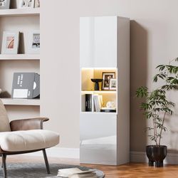 Pantry Cabinet with LED Lights, 63" Wood Freestanding Cupboard Hutch Cabinet with Open Countertop and Glass Shelf 2 Door Utility Storage Dis