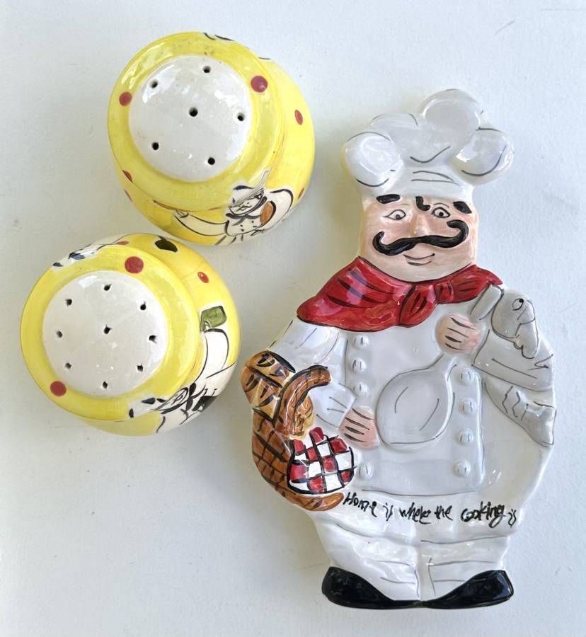 Set Of Glazed Ceramic B Callaway Salt & Pepper Shakers And Chef Spoon Rest Kitchen Decor