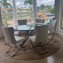 60 Inch Round Glass And Chrome Dining Table With5 White And Chrome Chairs