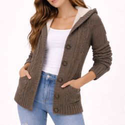 Brown Hooded Knit Cardigan Sweater – Sherpa Lined | Size XS