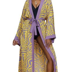 Swimsuit Coverup Kimonos for Women Bird Geometry Print 3/4 Sleeve Kimono Robe Lo
