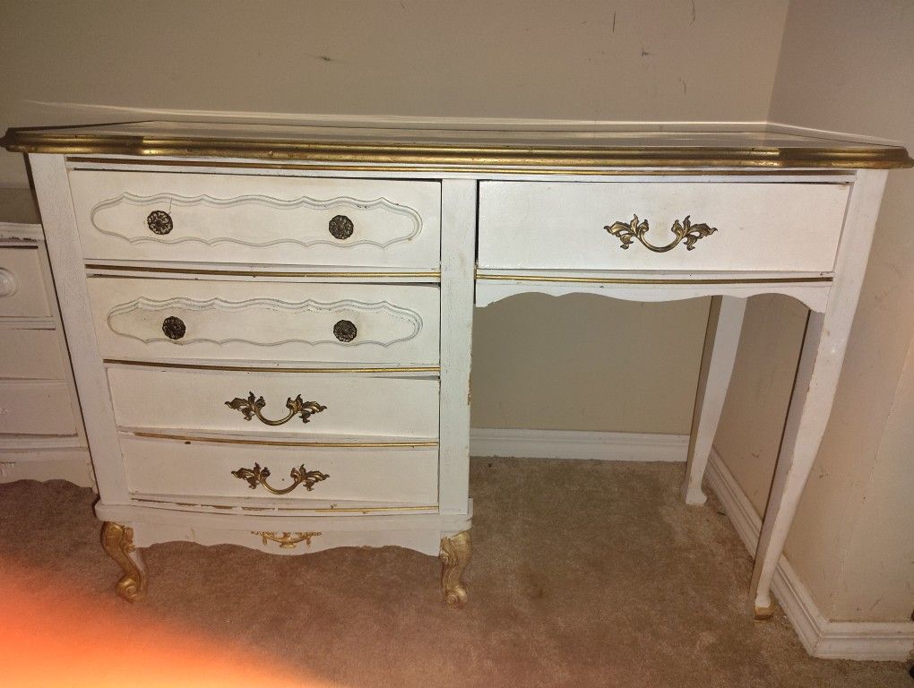 WHITE WITH GOLD DRESSER AND END TABLE