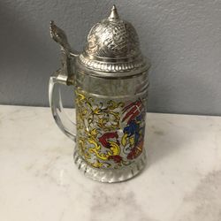 Etched Glass Beer Stein Coat Of Arms 14 Ounces.  Germany With A pewter Lid