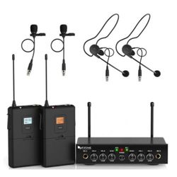 Dual Channel Wireless Microphone Set with 2 Headsets & 2 Lapel Lavalier Mics 