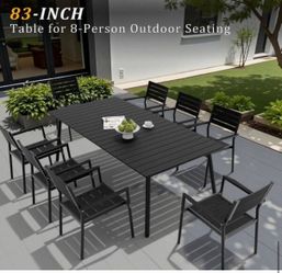 8 pc chair+82.7 in. Aluminum Black Rectangular Outdoor Patio Dining Table with Umbrella Hole Seats 8-People