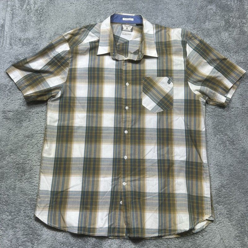 Plaid Short Sleeve Button Up Shirt Men's XL Green Brown Classic Fit