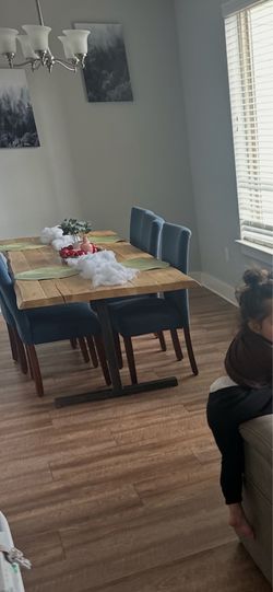 Farmhouse Dining Table + 6 Upholstered Chairs