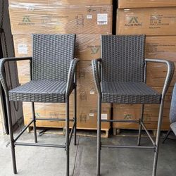 Outdoor Bar Stools Set of 2, Patio Bar Chairs with Armrests and Backrest Wicker Rattan (Dark Gray)