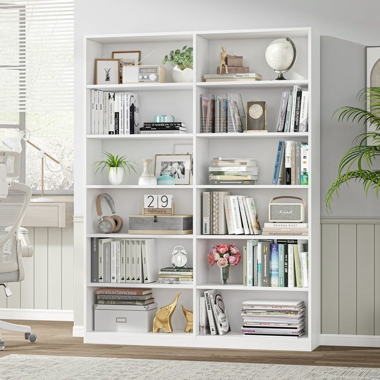 74.3” Double Wide 6-Tier Bookcase, Extra Large Wooden Freestanding Display Bookshelf for Home Office Living Room, White