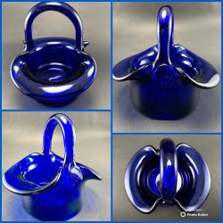 Cobalt Blue Glass Basket Vintage MCM Hand Blown Murano Style Glass Applied Handle