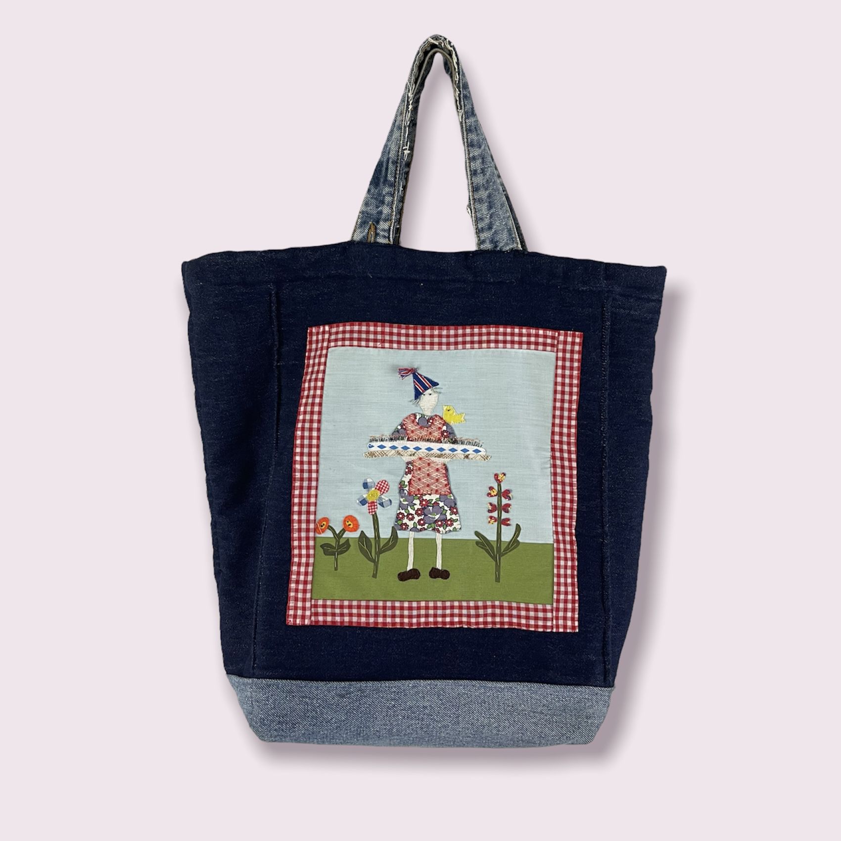 LEVI’S Reworked Handmade Blue Denim Quilt Picnic Stitched Graphic Large Tote Bag
