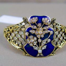 925 Silver Filled Handmade Blue Enamel Flower Art Deco Ring - Size 7
