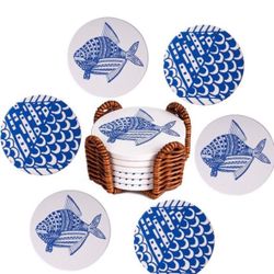  Set of 6, Blue Fish and Scales Ceramic Drink Coasters 