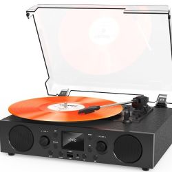 Record Player with Built-in Speakers, Belt-Driven Turntable Support 3-Speed, FM Radio and Bluetooth Receiving, RCA Line Out & AUX in, USB Recording 