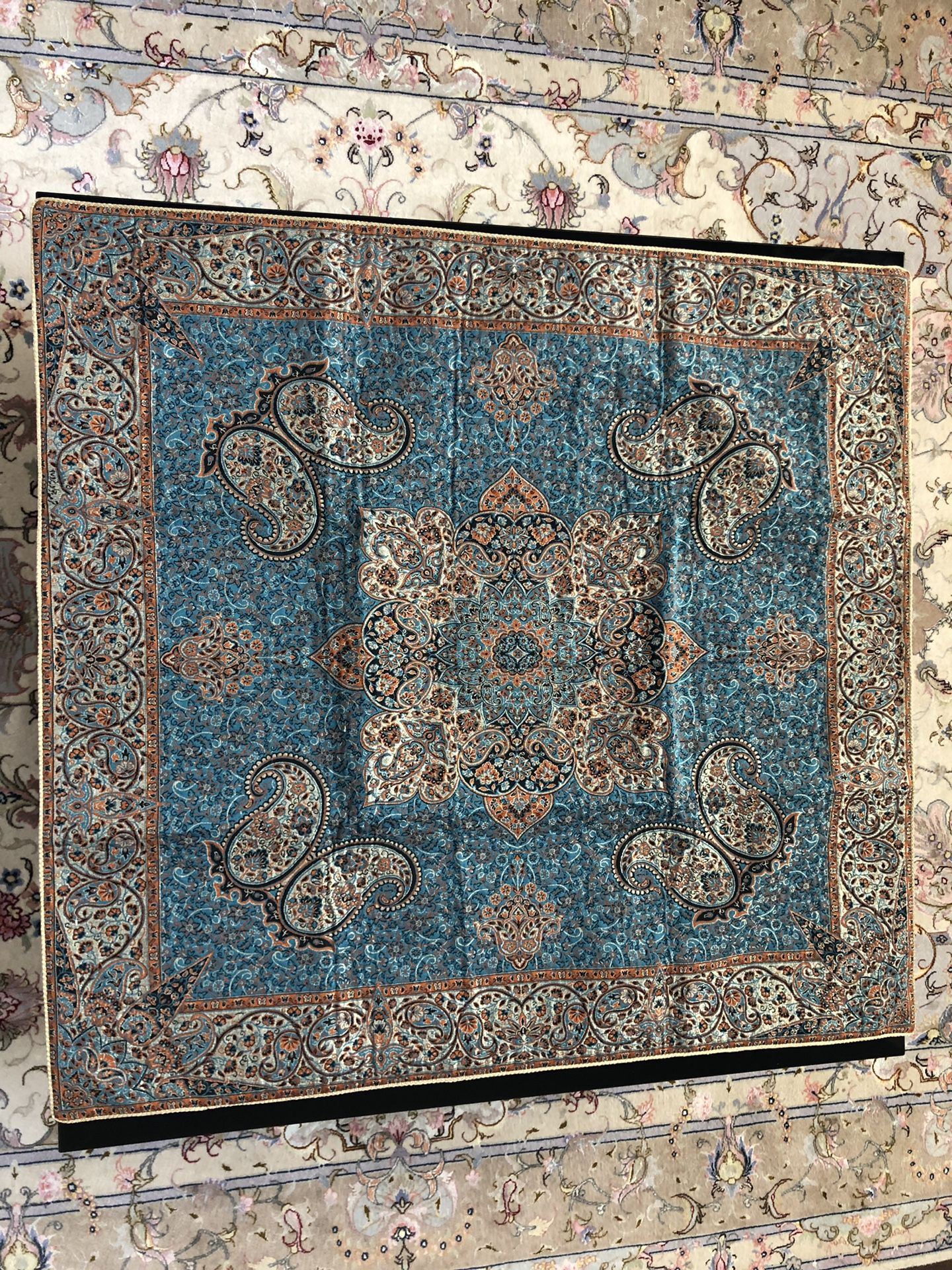 Elegant blue and gold table cover with many details