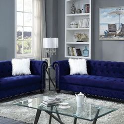 Brand New Glam Blue Velvet Sofa And Love Seat 