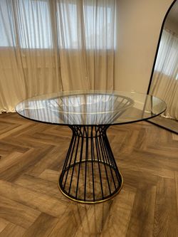 West Elm hourglass metal glass dining table
