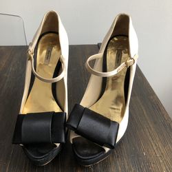 Miu Miu Women’s 36.5 Us 6 Champagne & Black Satin Platform Heels Bow Stiletto
