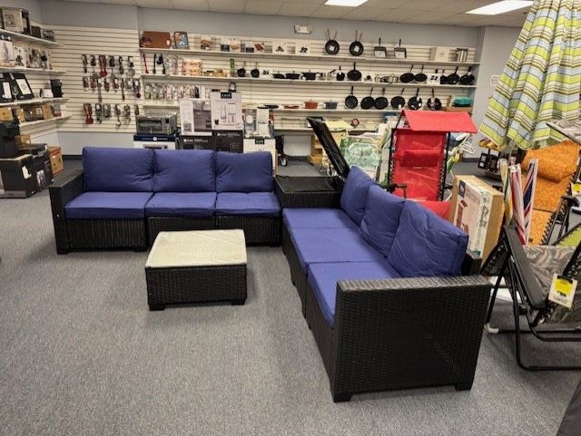 8 Piece Wicker Like Set Black With Blue Cushions For Outdoors. 