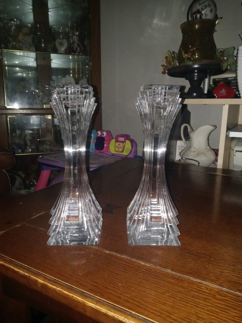 2 Tall Etched Crystal Candle Holders