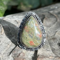 Size 7 925 silver overlay unakite ring