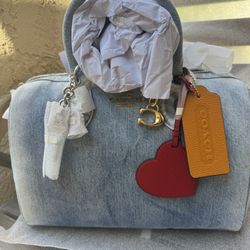 Coach CDY75 Rowan Large Satchel Bag In Loved Denim With Charms Light Indigo NWT