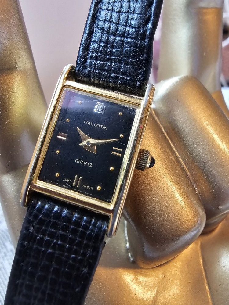 $35.00 - Vtg Halston Watch, Diamond Accent/Quartz- Japan/Black Alligator Calf Leather Band!