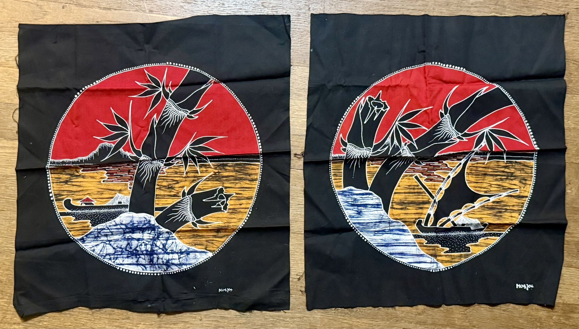 Vintage Indonesia Bali Batik Fabric Painting SET Red Sunset Volcano Signed 17x19