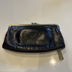 Vintage HOBO Black Leather Kiss Lock Wallet – Floral Lining, Zipper Pocket
