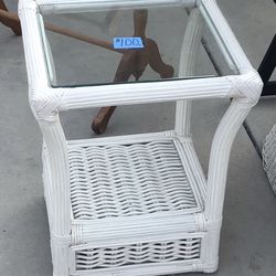 White Wicker End Table with Glass Top