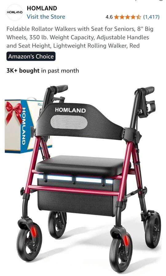 Foldable Rollator Walkers with Seat for Seniors, 8'' Big Wheels, 350 lb. Weight Capacity, Adjustable Handles and Seat Height, Lightweight Rolling Walk