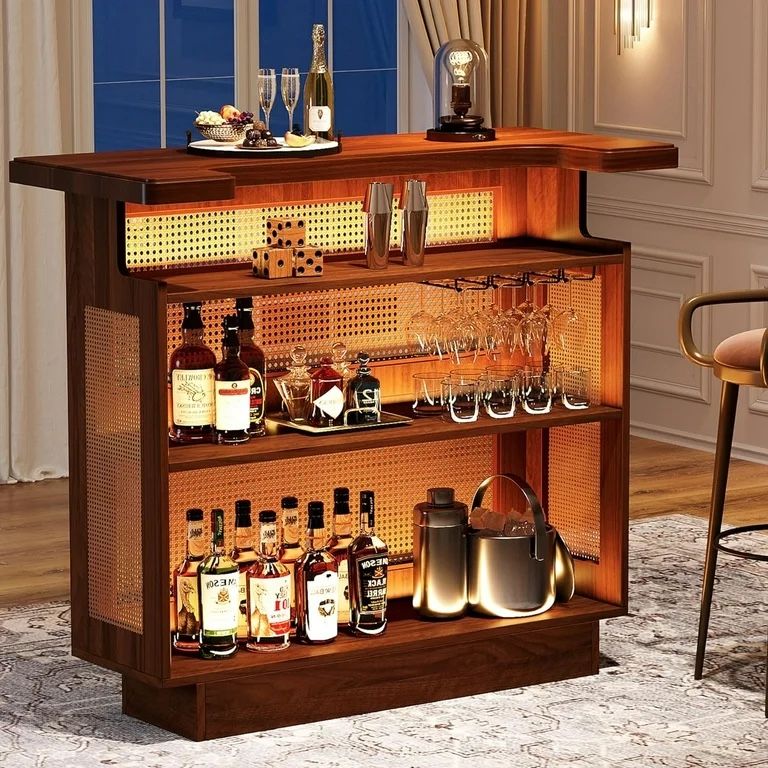Tribesigns Farmhouse Storage Straight Bar with Stemware Racks and Wine Racks, Caramel Brown