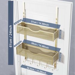 Over-the-door hook organizer, rack with 10 hooks and 2 mesh baskets, over-the-door storage organizer for bathroom, bedroom, kitchen, office (gold)