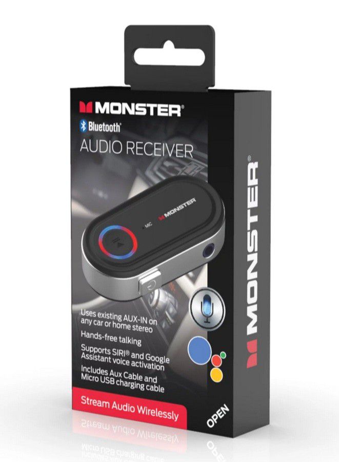 Monster LED Bluetooth Audio Receiver, Speak Through Your Vehicle’s Speakers, Voice Activation, Built-in Microphone