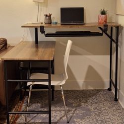 L Shape Stand and Sit Corner Desk + Keyboard Tray