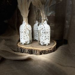 Lace Covered Glass Vases With Dry Grasess