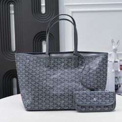 Grey Artois MM Tote Bag with Y - shaped Monogram - printed Leather Handle, Canvas, Linen and Cowhide