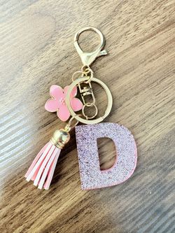 Pink Glitter Flower Keychain Letter D