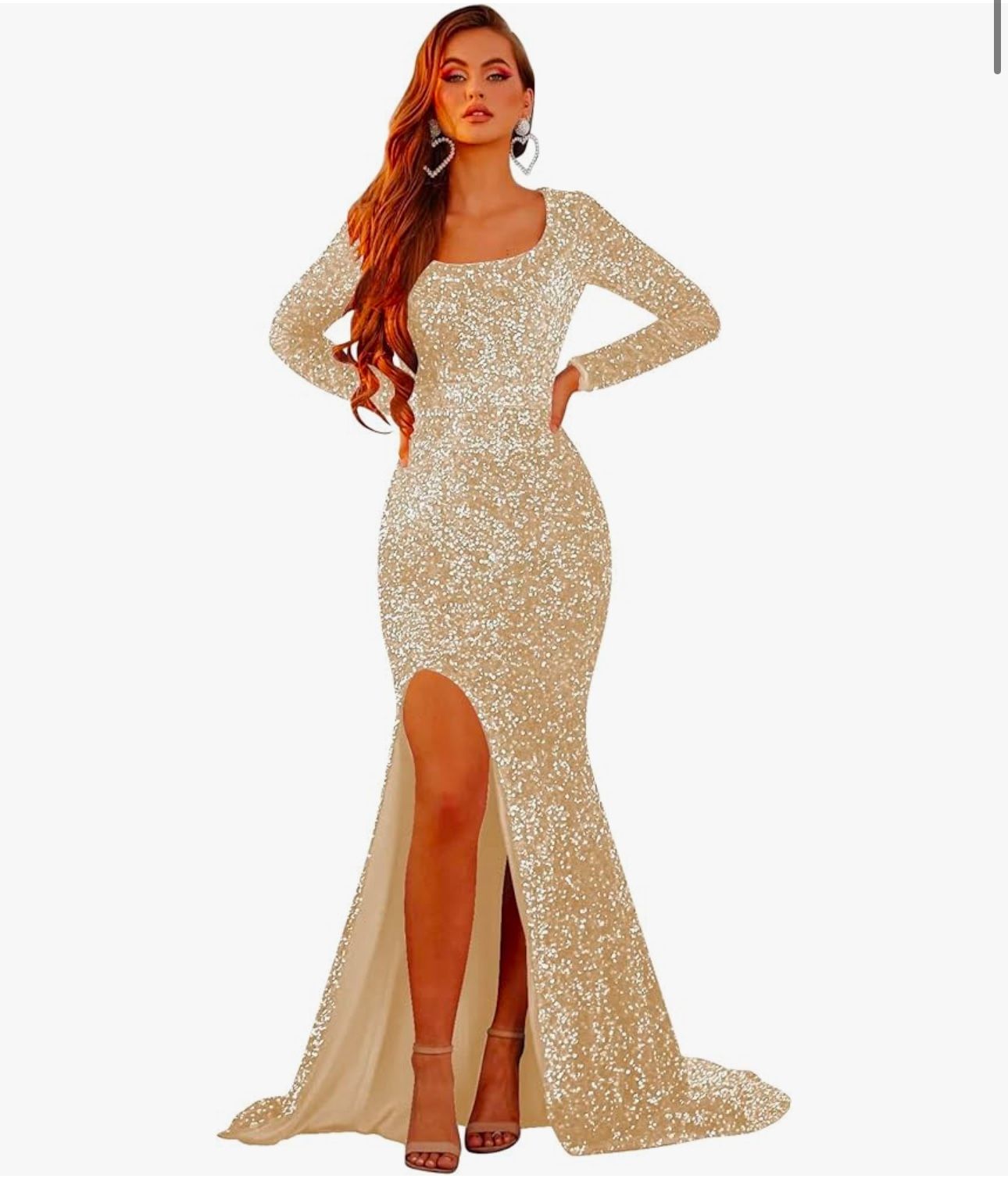 Women's Bodycon Glitter Sequin Prom Dresses Long Sleeve Scoop Neck Mermaid Formal Evening Gown with Slit