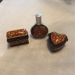 3 Piece Set , Two Trinket Boxes And A Perfume Bottle 
